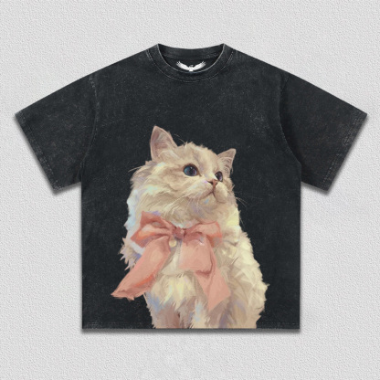Elegant White Cat with Pink Bow T-Shirt