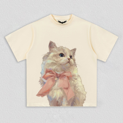 Elegant White Cat with Pink Bow T-Shirt
