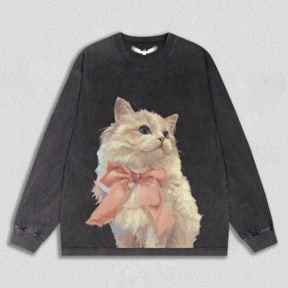 Elegant White Cat with Pink Bow T-Shirt