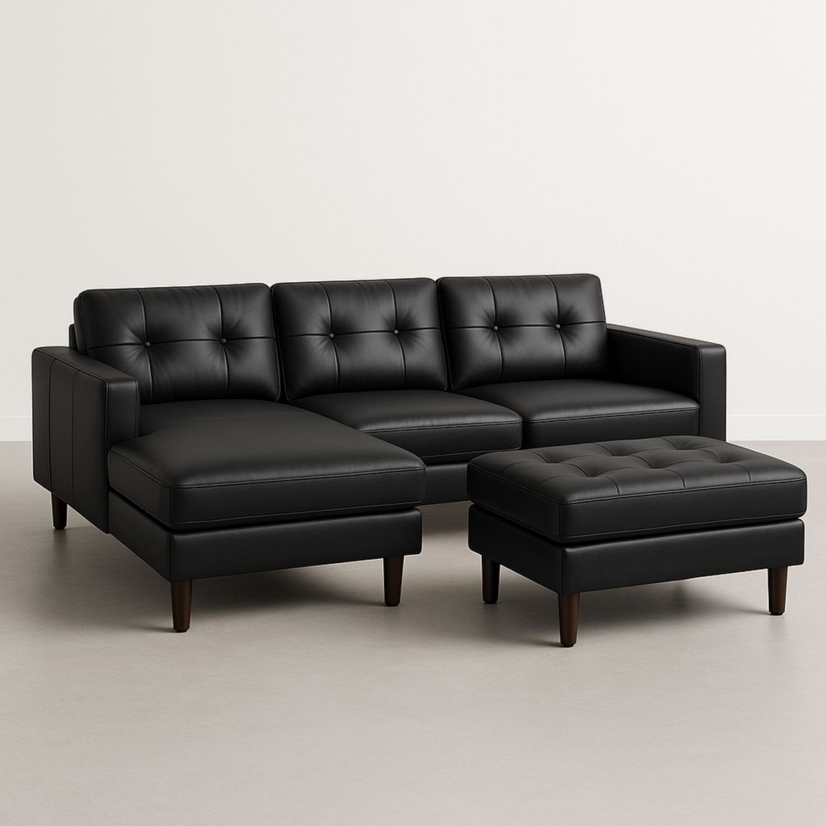 Μαύρος Καναπές Συνθετικού Δέρματος 4 Θέσεων με Σκαμπό