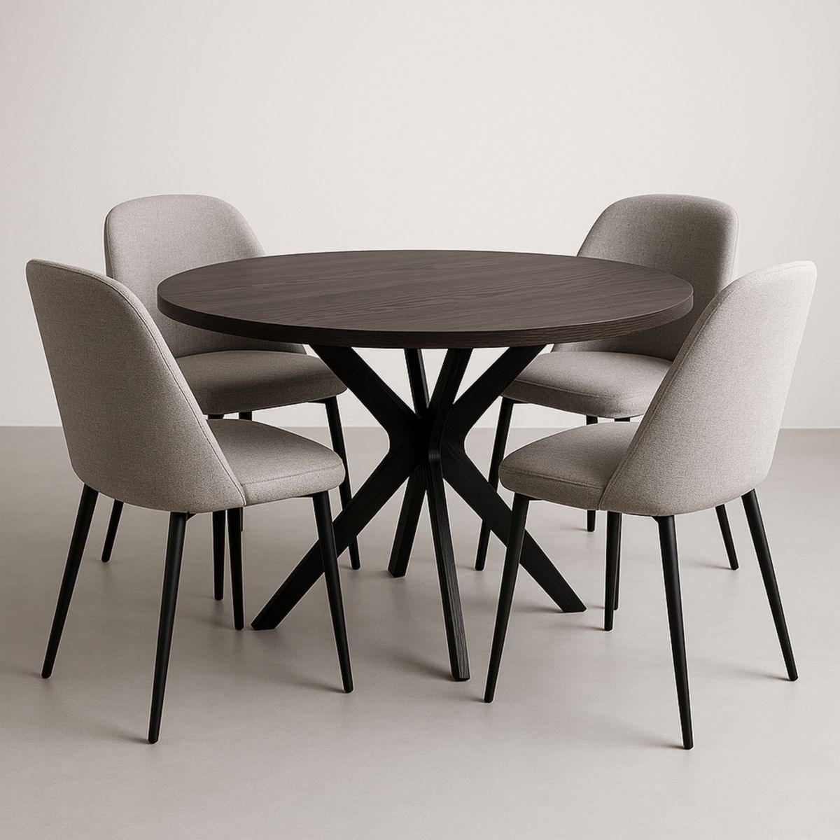 Στρογγυλή Τραπέζα Με Καρέκλες Σετ Ξύλο Δρυς Διαμέτρου 120cm Μαύρο/Γκρι Ύφασμα