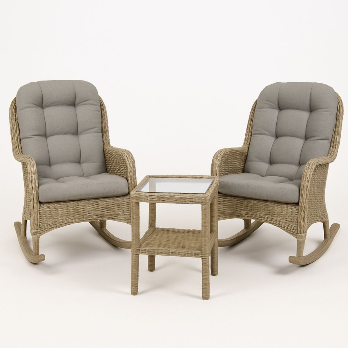 Σετ Καρέκλες Κουνιστές Πολυθρόνες με Τραπεζάκι και Γυάλινη Επιφάνεια Μαξιλάρια Πολυεστέρας Φυσικό Χρώμα