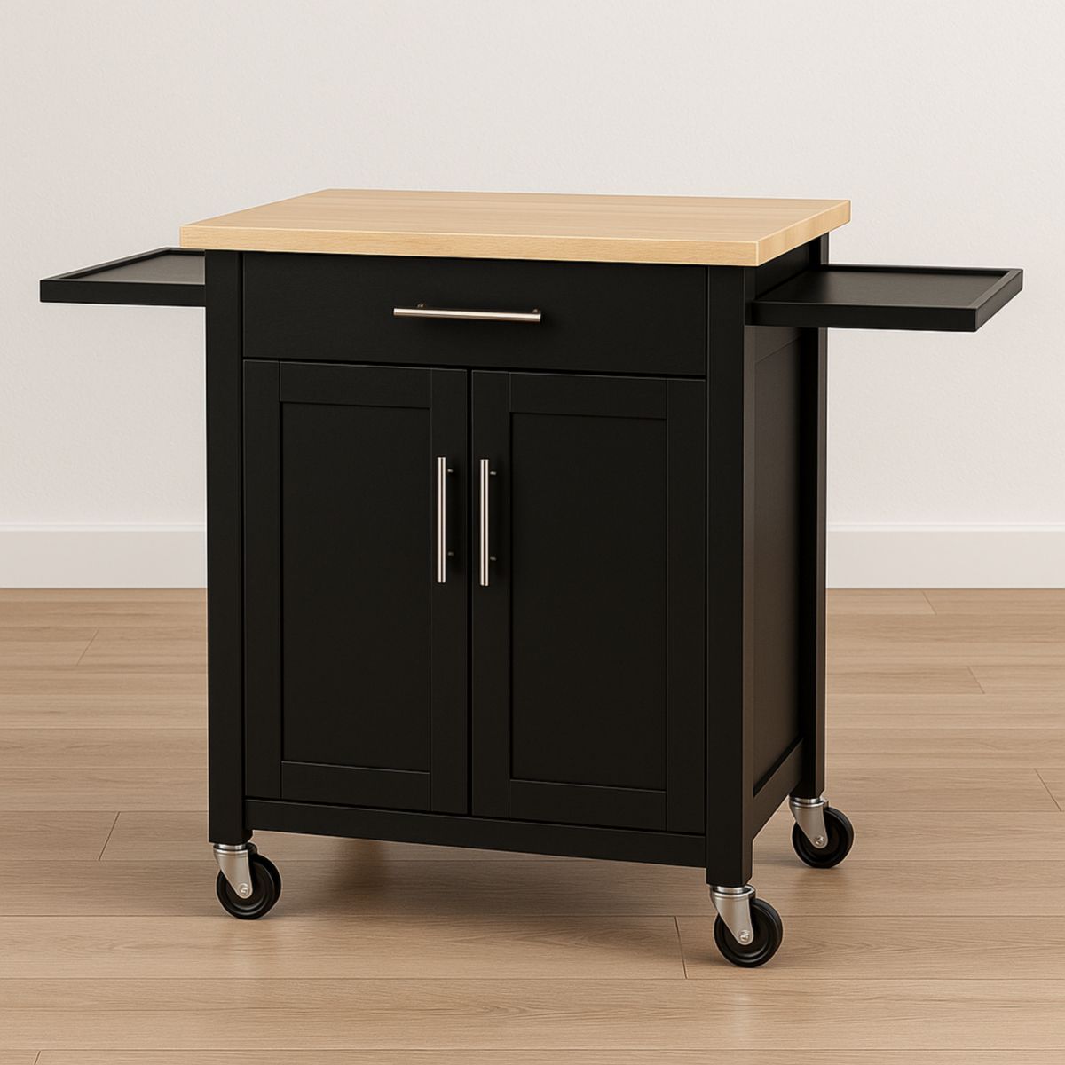 Μαύρο Κατάστημα MDF με Καπλαμά, 2 Ανοιγόμενα Ράφια, 1 Συρτάρι, 2 Ντουλάπια, Ροδάκια, Διαστάσεις 90x70x45cm