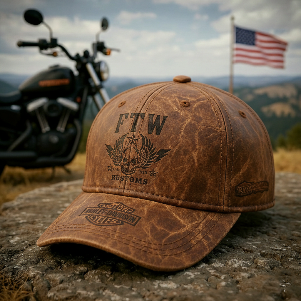 Vintage Distressed Faux Leather Biker Style Men's Baseball Hat