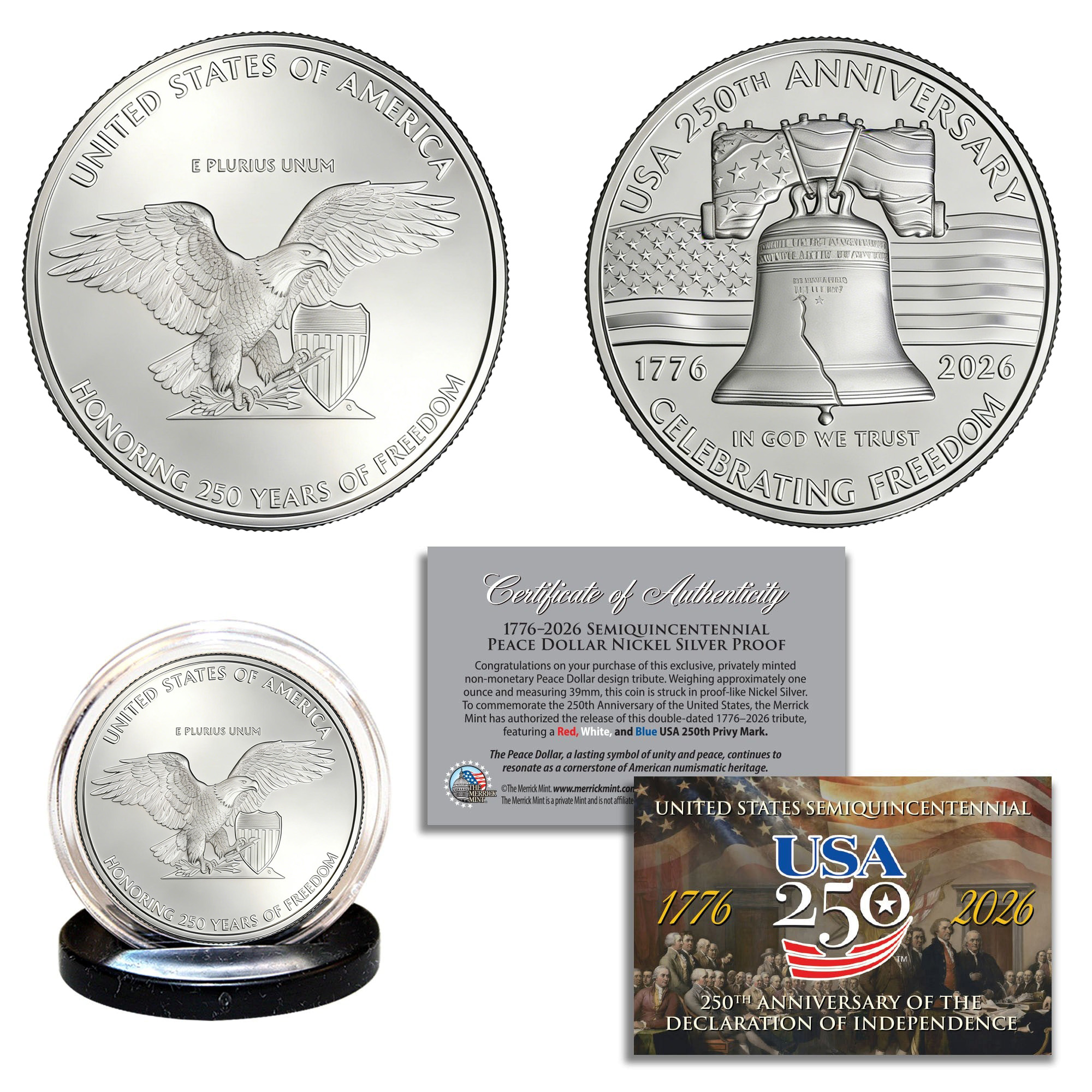 USA 250th Patriotic Bundle – Peace Coins & Independence $2 Bill