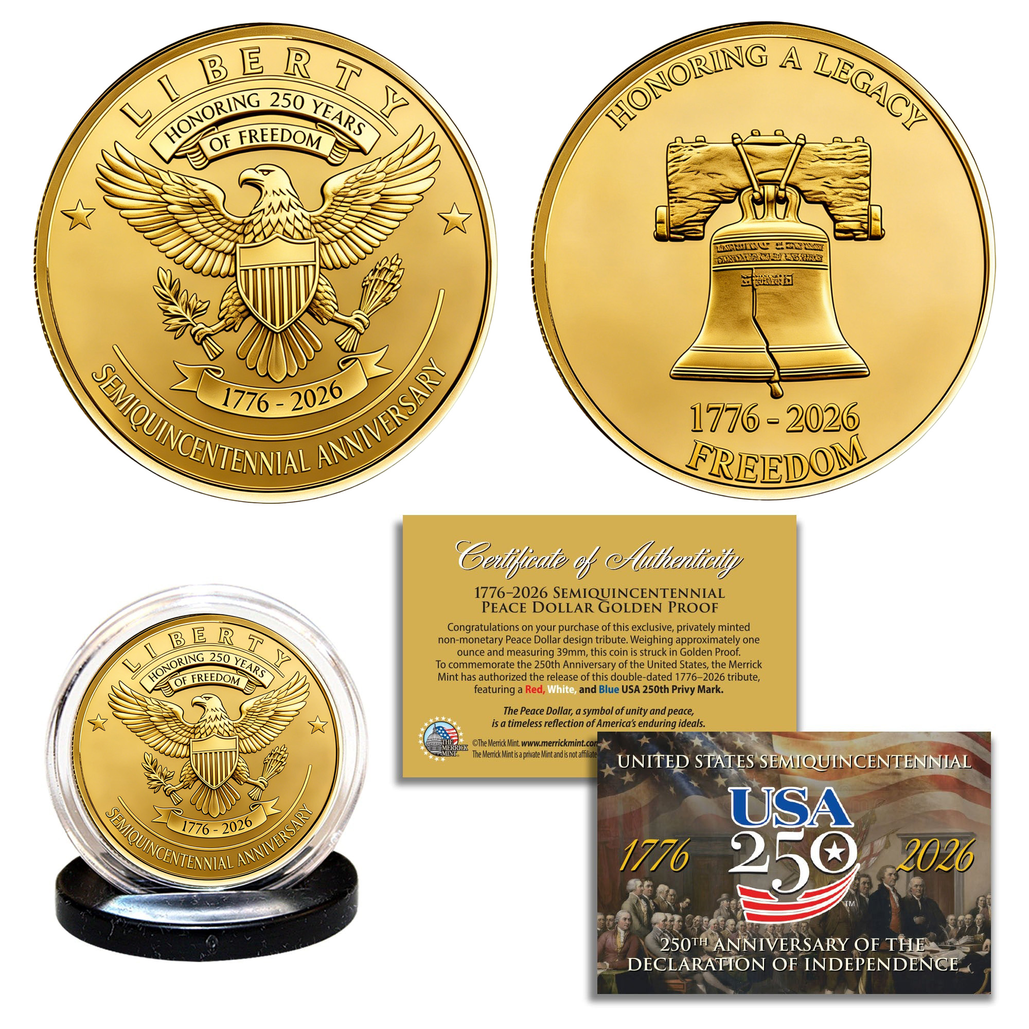 USA 250th Patriotic Bundle – Peace Coins & Independence $2 Bill