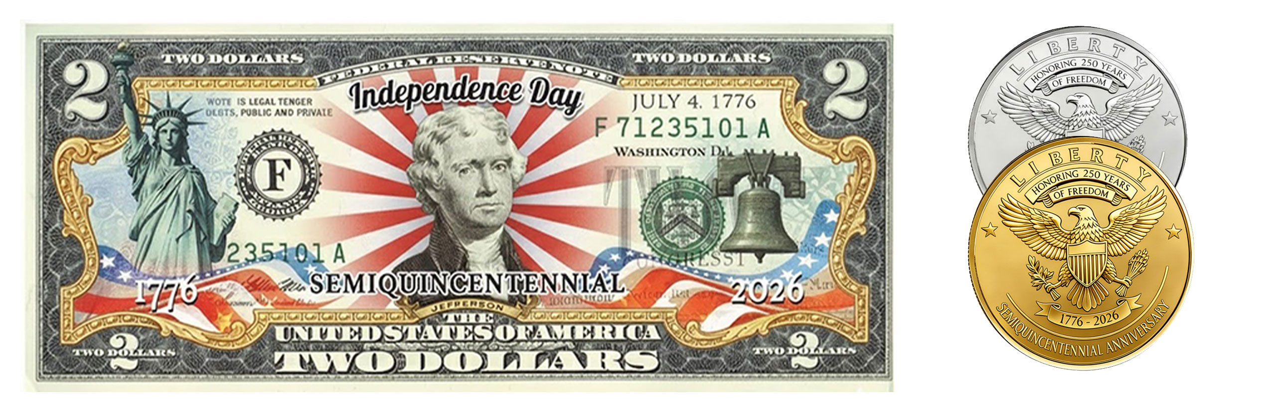 USA 250th Patriotic Bundle – Peace Coins & Independence $2 Bill