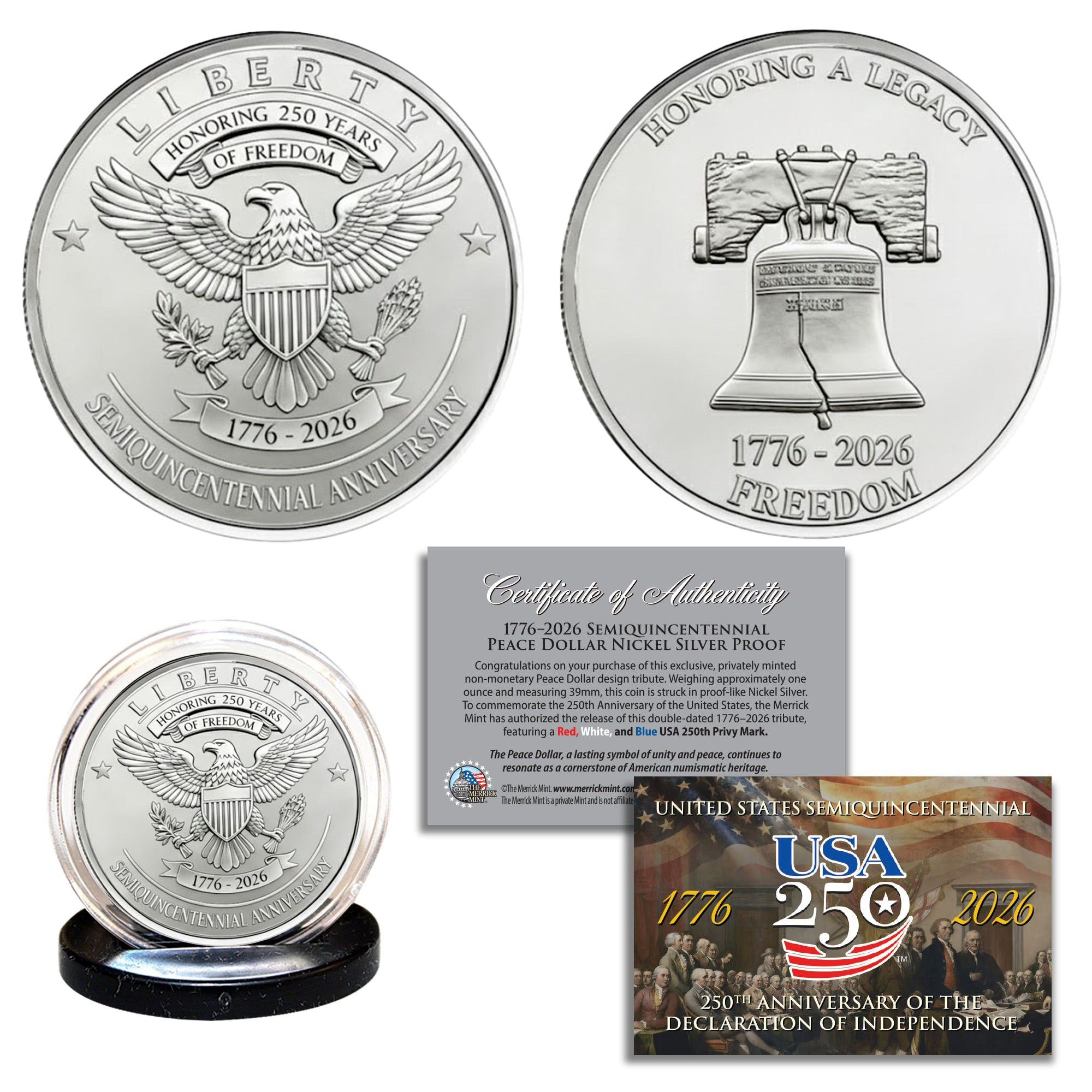 USA 250th Patriotic Bundle – Peace Coins & Independence $2 Bill