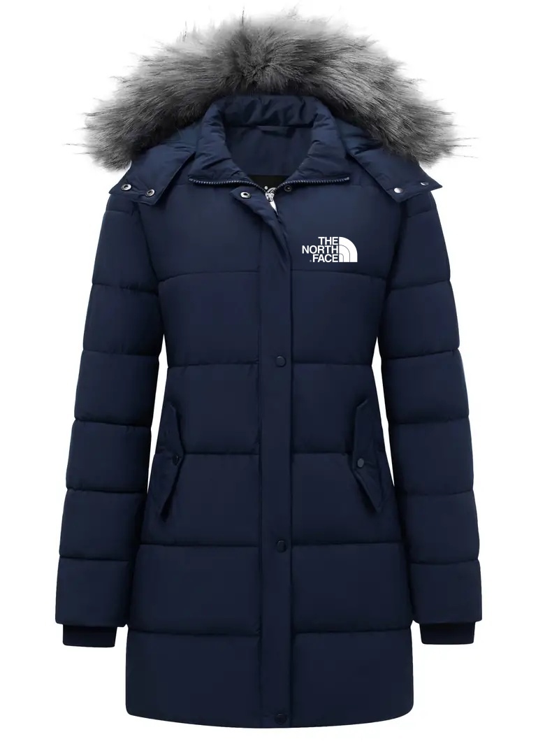 2024 THE NORkdjTH FACE Women's coat, fur trim hooded padded jacket, casual long sleeve slim fit warm autumn and winter coat