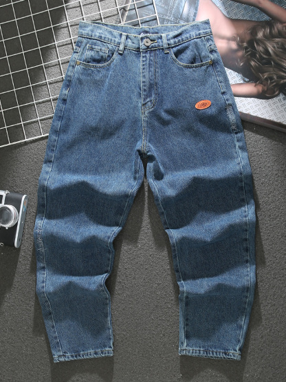 American blue jeans men's new spring trend high street loose large size straight pants distressed needle-stitched trousers