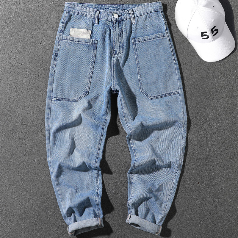 Korean style jeans for men spring new style large pocket loose straight pants blue personalized versatile casual trousers
