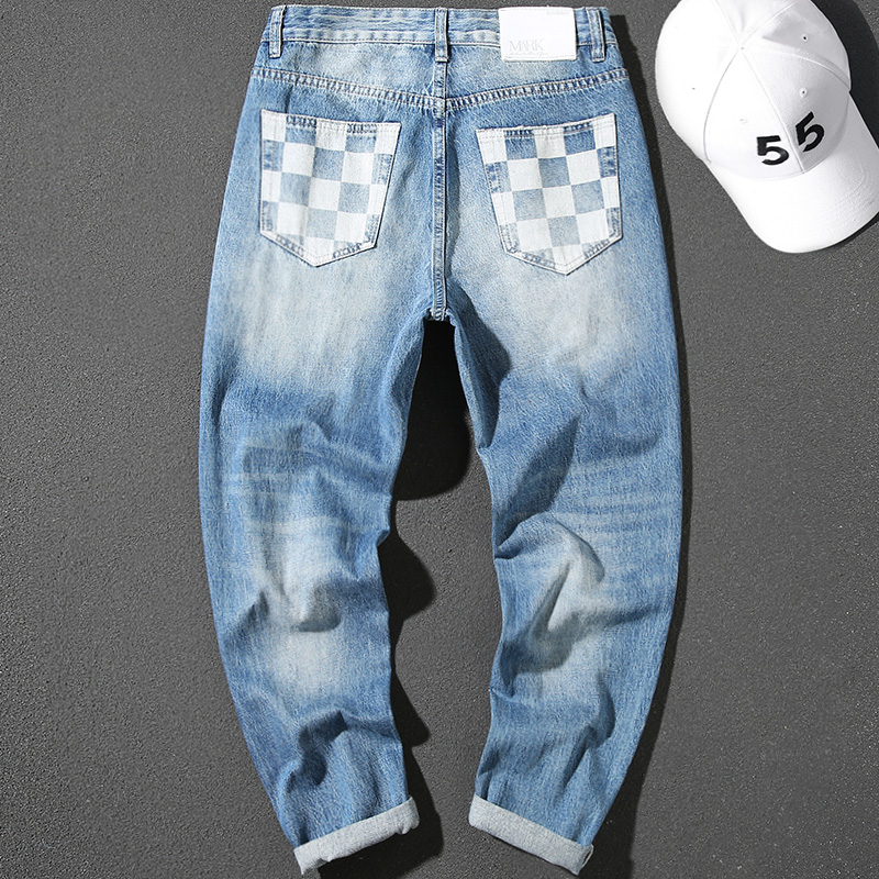 Handsome jeans for men, loose and trendy ripped plaid print washed blue ripped trend trousers pure cotton versatile