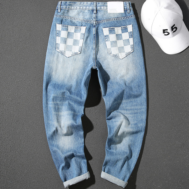 Handsome jeans for men, loose and trendy ripped plaid print washed blue ripped trend trousers pure cotton versatile