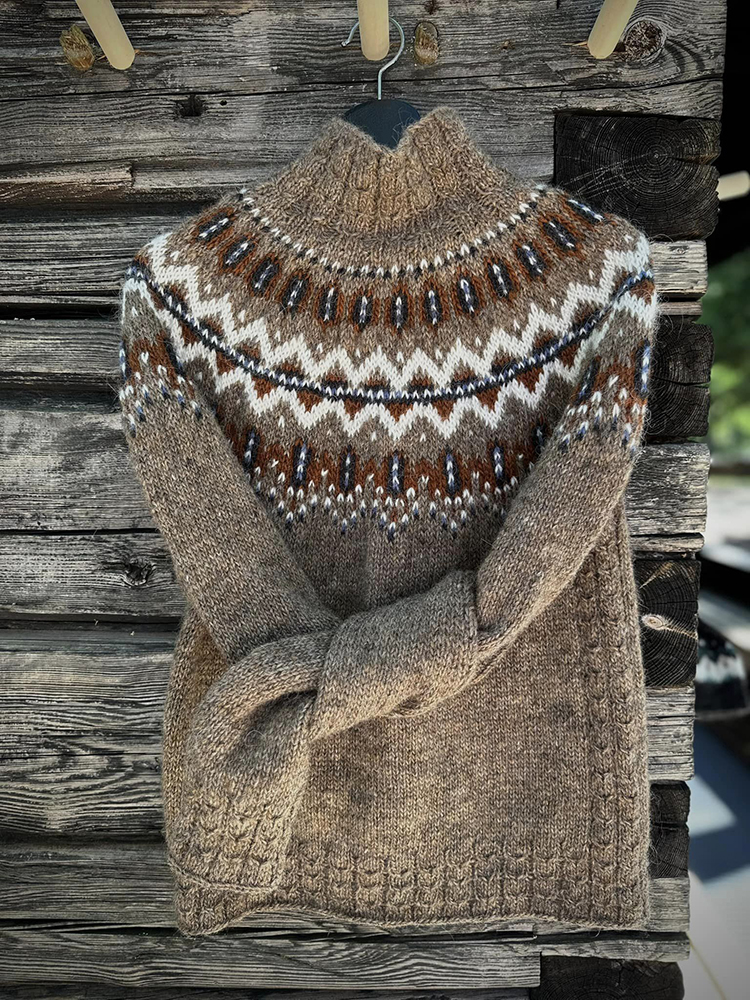 Maglione a collo alto vintage islandese lavorato a maglia con motivi geometrici