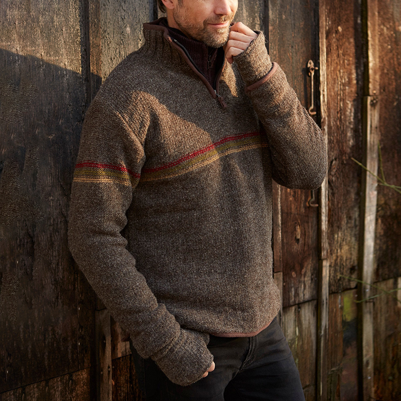 Maglione con mezza zip e colletto islandese lavorato a maglia jacquard a righe sul petto, caldo e vintage (unisex)