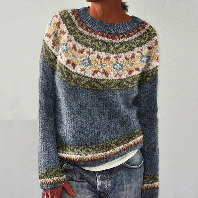 Vintage Farbblock-Tribal-Blumen-islndischer Strickpullover