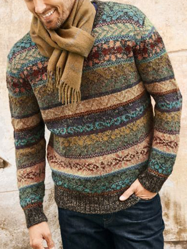 Maglione girocollo in jacquard a righe lavorato a maglia vintage