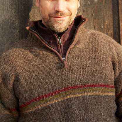 Maglione con mezza zip e colletto islandese lavorato a maglia jacquard a righe sul petto, caldo e vintage (unisex)