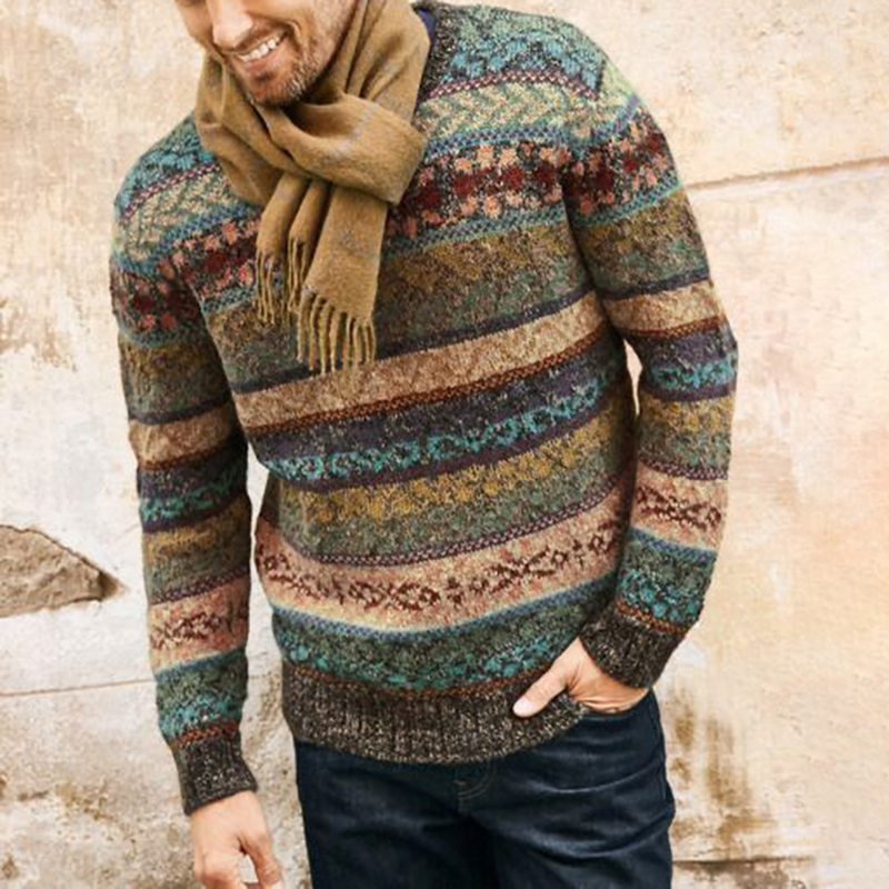 Maglione girocollo in jacquard a righe lavorato a maglia vintage