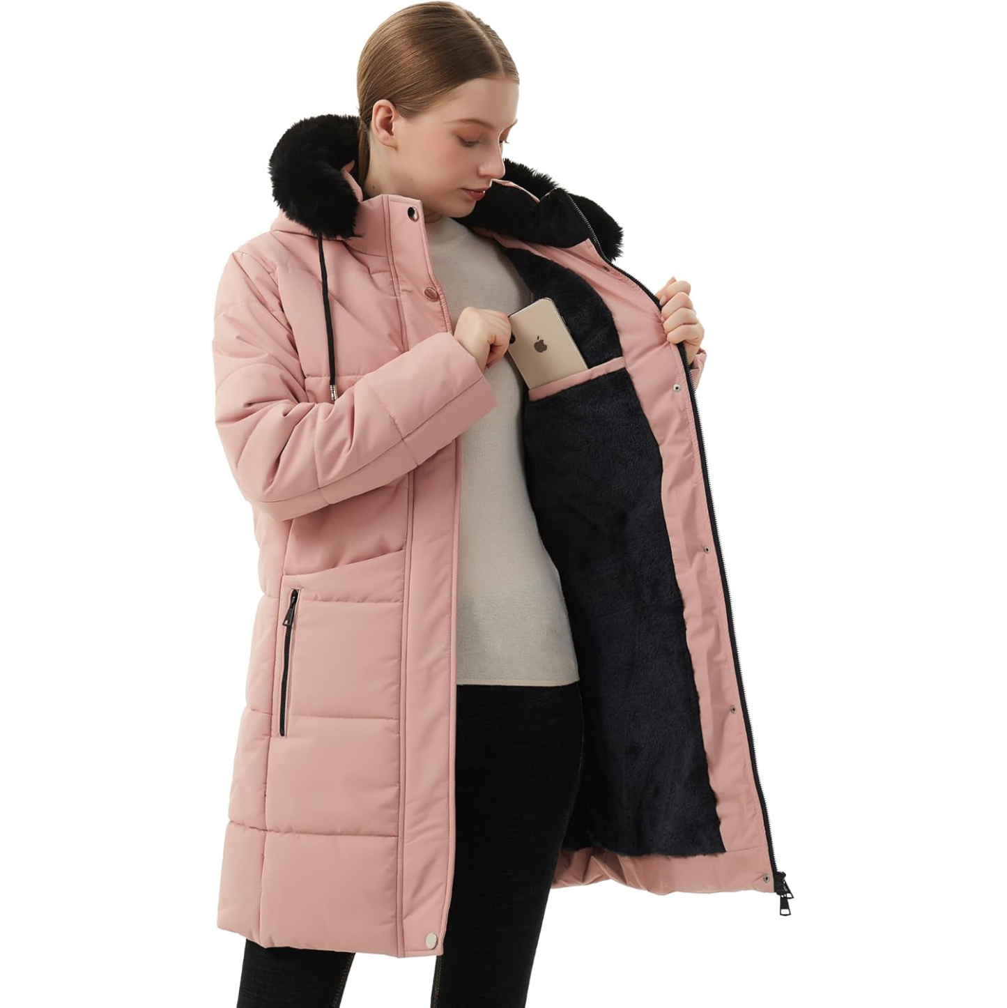 Parka da donna in pelliccia sintetica foderato in pile spesso con cappuccio staccabile