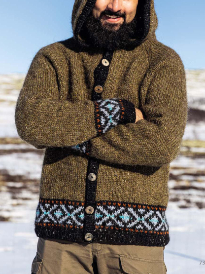 Cardigan maglione con cappuccio islandese lavorato a maglia verde vintage