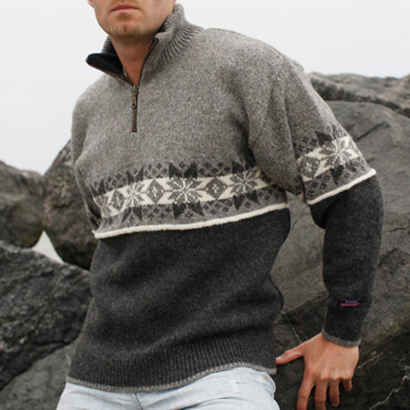 Maglione con colletto a mezza zip islandese jacquard lavorato a maglia norvegese caldo vintage (unisex)