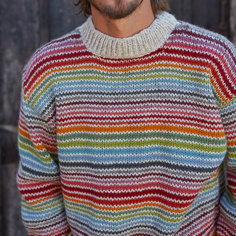 Maglione girocollo in maglia jacquard a righe vintage arcobaleno