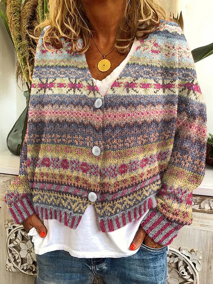 Cardigan con bottoni e scollo a V in maglia jacquard vintage Fairman Island