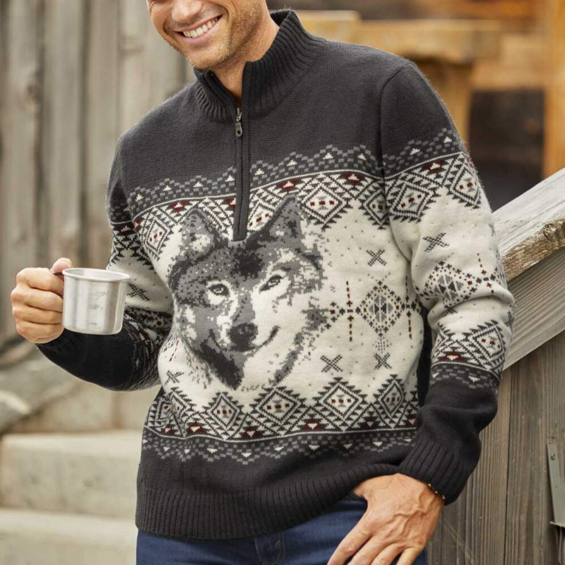 Islndischer Vintage-Wolfsstrick-Jacquard-Pullover mit halbem Reiverschlusskragen