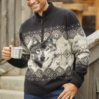 Maglione con collo a mezza zip jacquard in maglia lupo vintage islandese