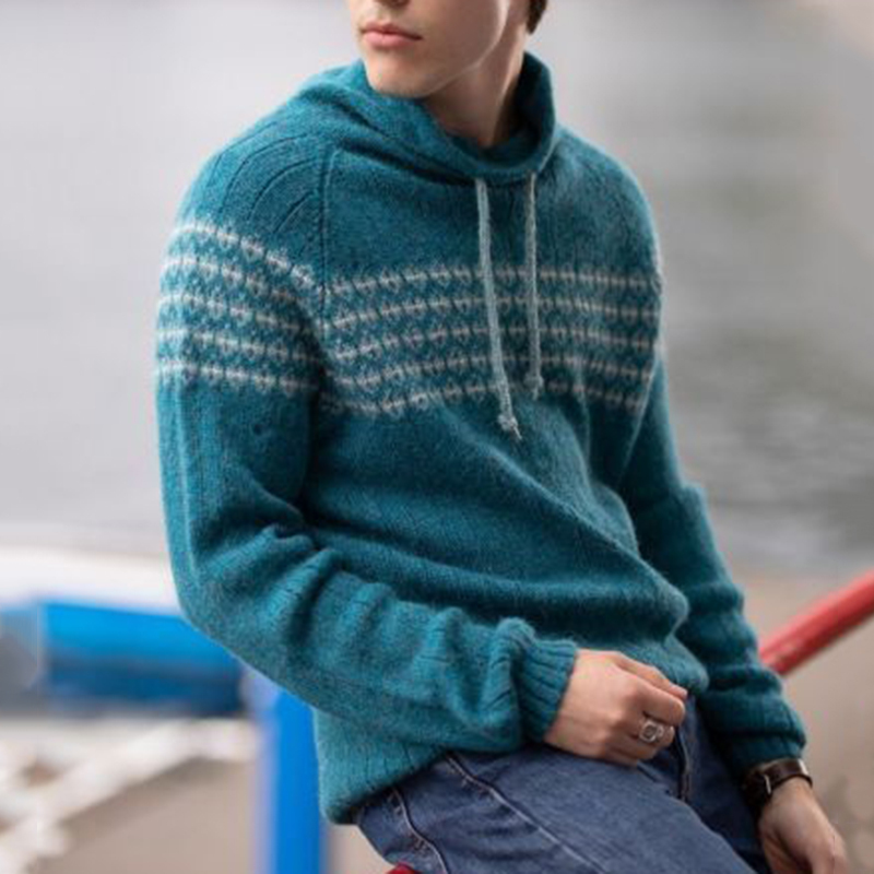 Gestrickter Jacquard-Kapuzenpullover f��r Herren in Vintage-Blau in Blau