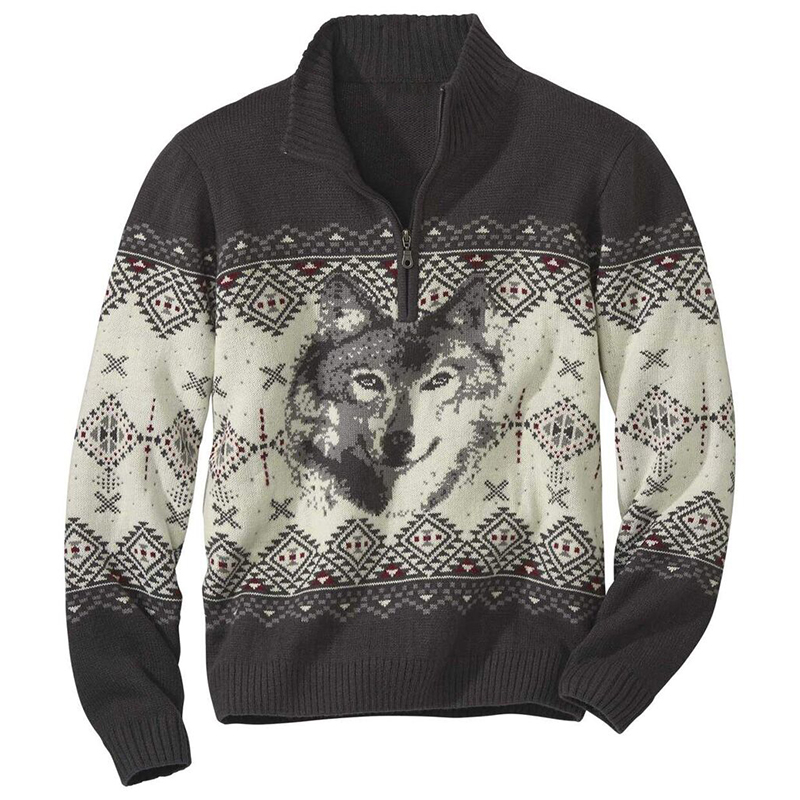 Maglione con collo a mezza zip jacquard in maglia lupo vintage islandese