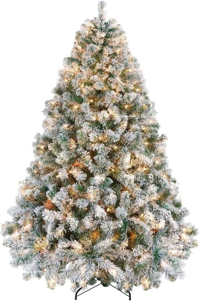Yaheetech 6ft Snow Flocked Pre-lit Christmas Tree with 250 Warm White Lights, 820 Lush Branch Tips & Quick-Assembly Hinged Design, Full Artificial Xmas Tree for Winter Holiday Décor, Green & White