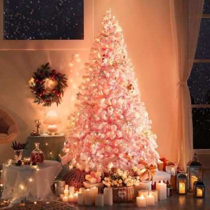 Yaheetech 6ft Snow Flocked Pre-lit Christmas Tree with 250 Warm White Lights, 820 Lush Branch Tips & Quick-Assembly Hinged Design, Full Artificial Xmas Tree for Winter Holiday Décor, Green & White