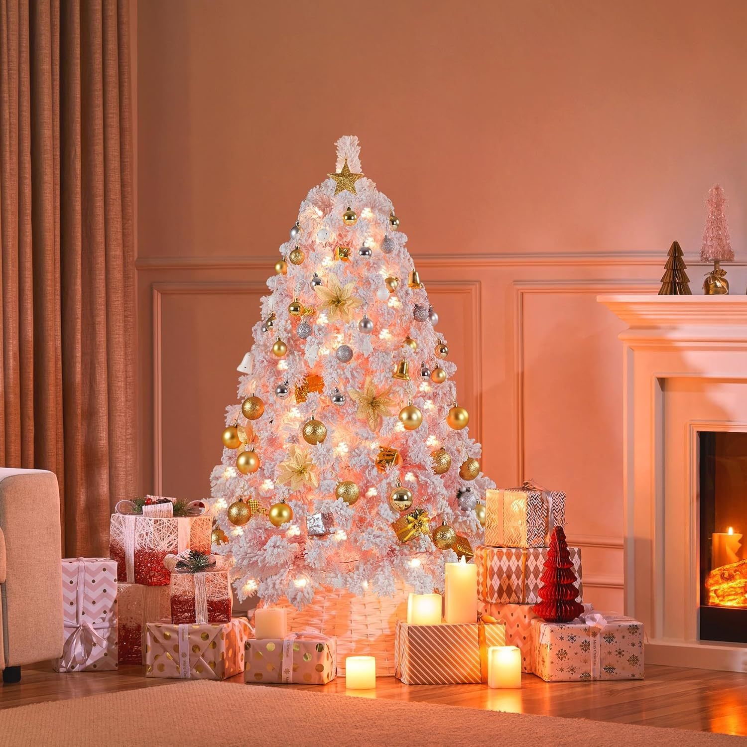 Yaheetech 6ft Snow Flocked Pre-lit Christmas Tree with 250 Warm White Lights, 820 Lush Branch Tips & Quick-Assembly Hinged Design, Full Artificial Xmas Tree for Winter Holiday Décor, Green & White