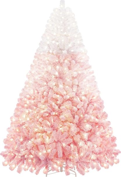 Yaheetech 6ft Snow Flocked Pre-lit Christmas Tree with 250 Warm White Lights, 820 Lush Branch Tips & Quick-Assembly Hinged Design, Full Artificial Xmas Tree for Winter Holiday Décor, Green & White