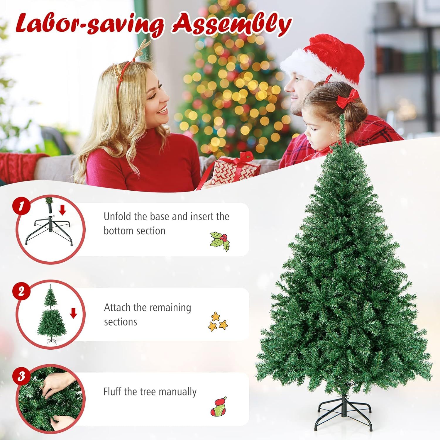 Goplus 5ft Artificial Christmas Tree, Unlit Christmas Pine Tree with 350 PVC Branch Tips, Foldable Metal Stand, Xmas Full Tree for Indoor Home Office Decor