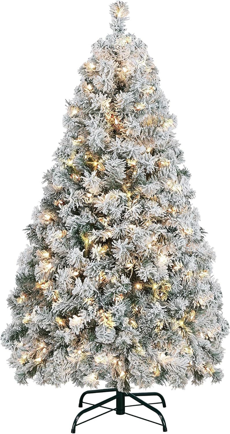 Yaheetech 6ft Snow Flocked Pre-lit Christmas Tree with 250 Warm White Lights, 820 Lush Branch Tips & Quick-Assembly Hinged Design, Full Artificial Xmas Tree for Winter Holiday Décor, Green & White