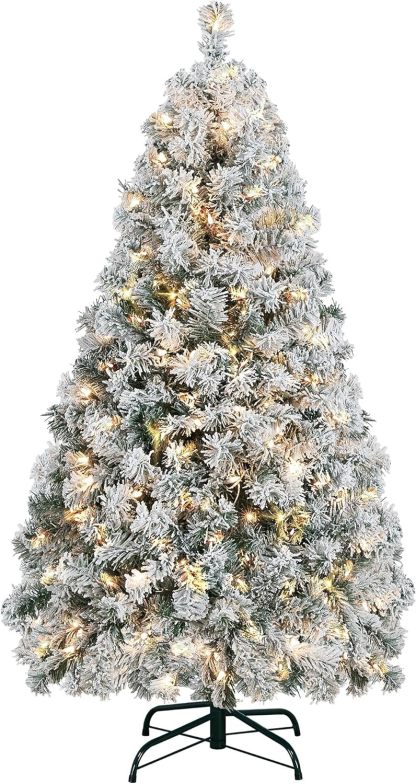 Yaheetech 6ft Snow Flocked Pre-lit Christmas Tree with 250 Warm White Lights, 820 Lush Branch Tips & Quick-Assembly Hinged Design, Full Artificial Xmas Tree for Winter Holiday Décor, Green & White