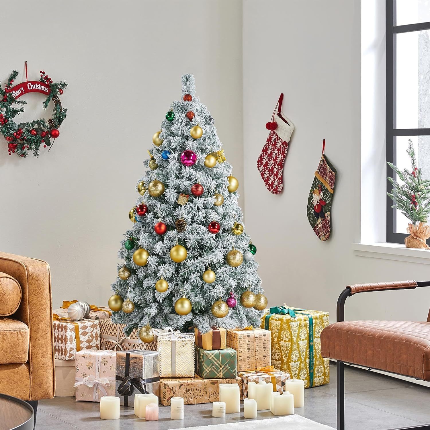 Yaheetech 6ft Snow Flocked Pre-lit Christmas Tree with 250 Warm White Lights, 820 Lush Branch Tips & Quick-Assembly Hinged Design, Full Artificial Xmas Tree for Winter Holiday Décor, Green & White