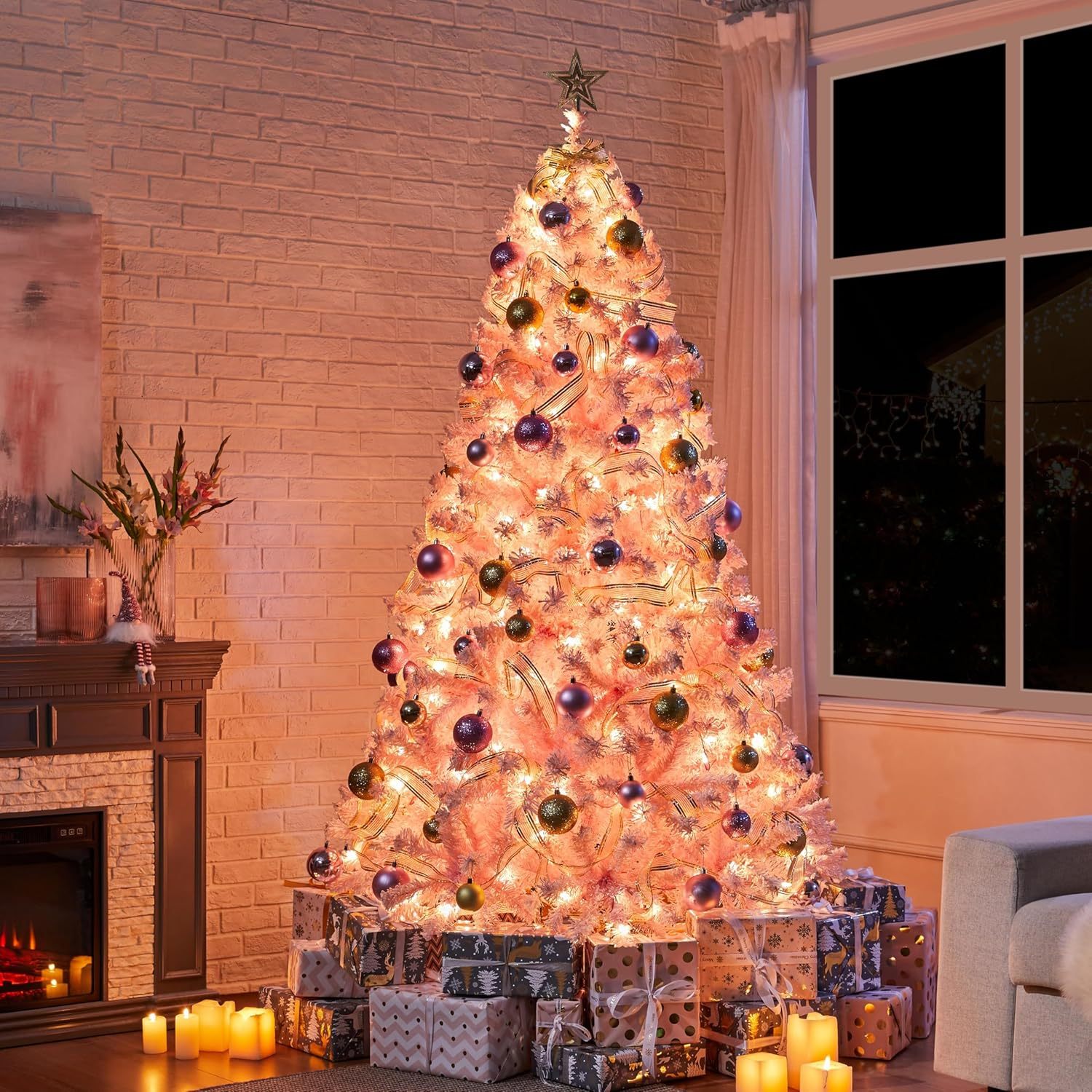 Yaheetech 6ft Snow Flocked Pre-lit Christmas Tree with 250 Warm White Lights, 820 Lush Branch Tips & Quick-Assembly Hinged Design, Full Artificial Xmas Tree for Winter Holiday Décor, Green & White