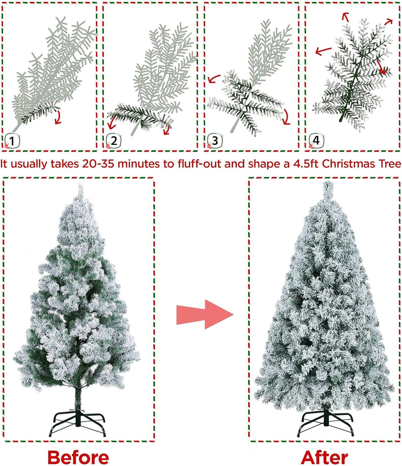 Yaheetech 6ft Snow Flocked Pre-lit Christmas Tree with 250 Warm White Lights, 820 Lush Branch Tips & Quick-Assembly Hinged Design, Full Artificial Xmas Tree for Winter Holiday Décor, Green & White