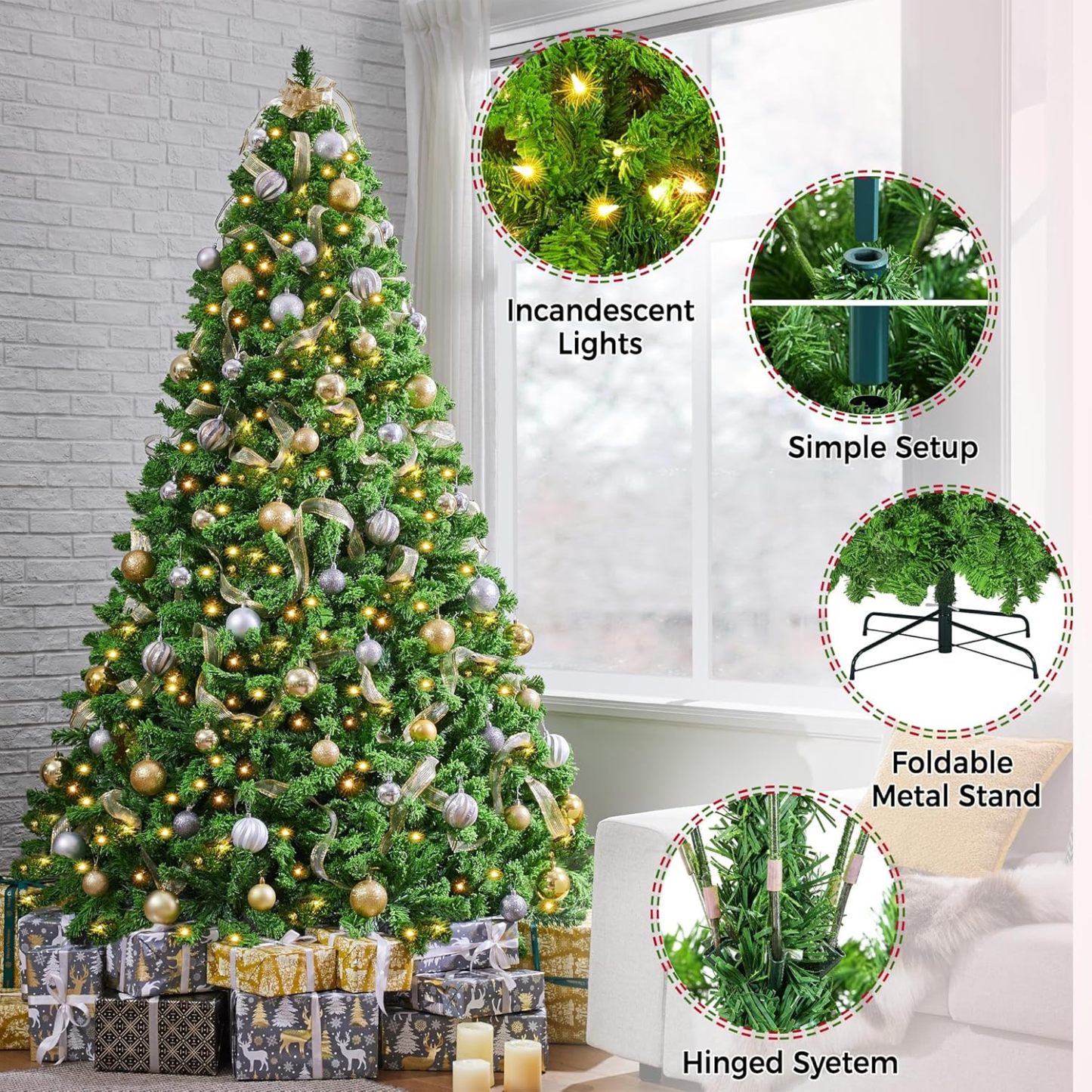 Yaheetech 6ft Snow Flocked Pre-lit Christmas Tree with 250 Warm White Lights, 820 Lush Branch Tips & Quick-Assembly Hinged Design, Full Artificial Xmas Tree for Winter Holiday Décor, Green & White