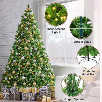Yaheetech 6ft Snow Flocked Pre-lit Christmas Tree with 250 Warm White Lights, 820 Lush Branch Tips & Quick-Assembly Hinged Design, Full Artificial Xmas Tree for Winter Holiday Décor, Green & White