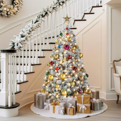 Yaheetech 6ft Snow Flocked Pre-lit Christmas Tree with 250 Warm White Lights, 820 Lush Branch Tips & Quick-Assembly Hinged Design, Full Artificial Xmas Tree for Winter Holiday Décor, Green & White