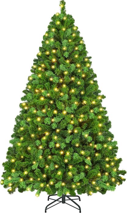 Yaheetech 6ft Snow Flocked Pre-lit Christmas Tree with 250 Warm White Lights, 820 Lush Branch Tips & Quick-Assembly Hinged Design, Full Artificial Xmas Tree for Winter Holiday Décor, Green & White