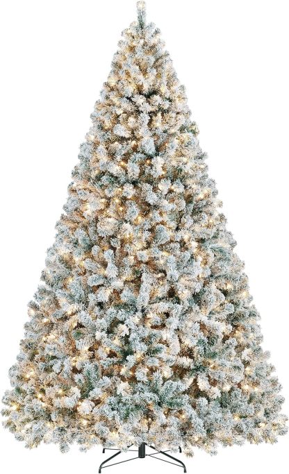 Yaheetech 6ft Snow Flocked Pre-lit Christmas Tree with 250 Warm White Lights, 820 Lush Branch Tips & Quick-Assembly Hinged Design, Full Artificial Xmas Tree for Winter Holiday Décor, Green & White