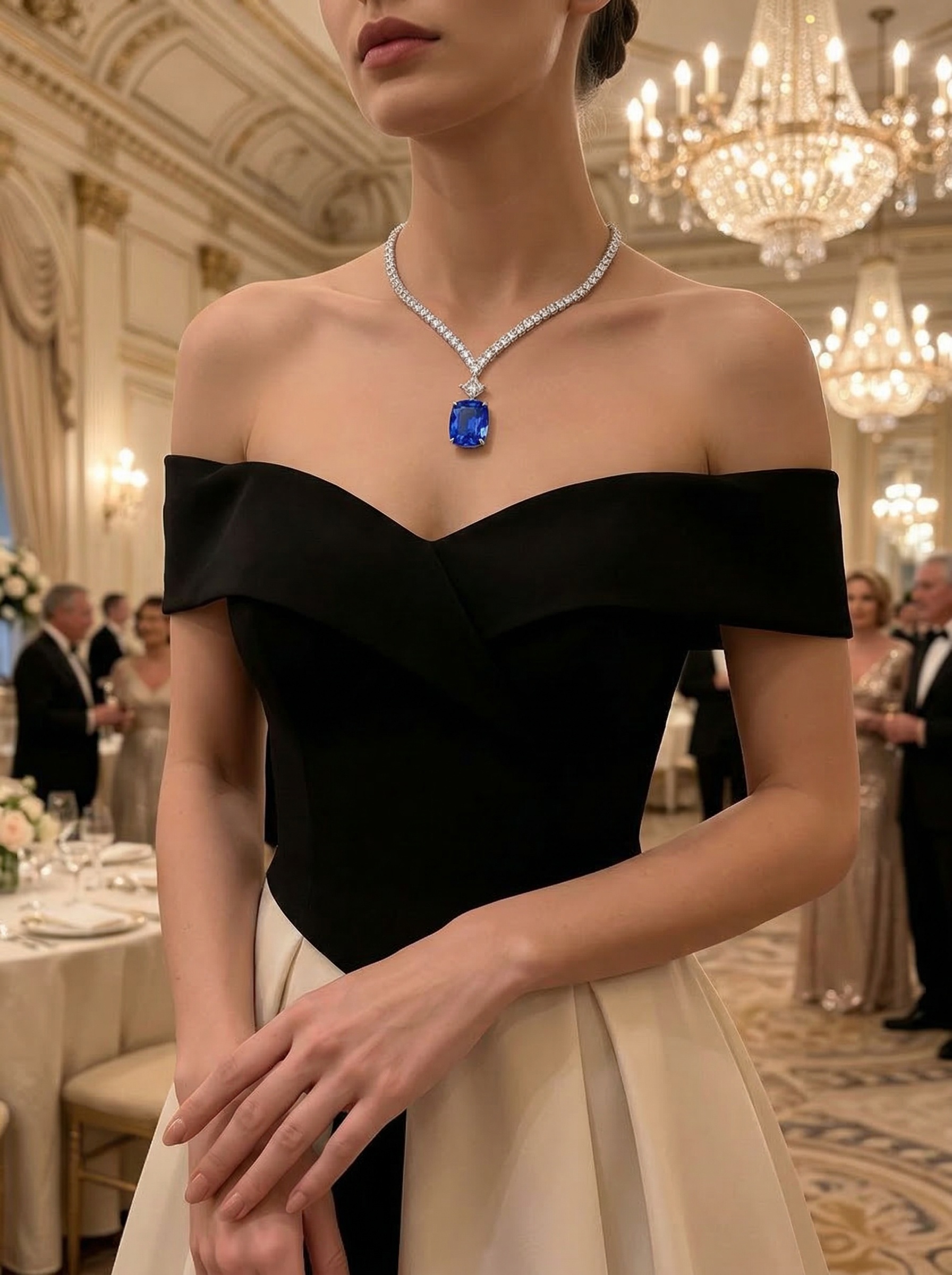 Modern Aesthetic Design Series "Starry Sky" Royal Blue Sapphire Sparkling Deep Sea Blue Waterdrop V-Shape Diamond Chain Pendant 