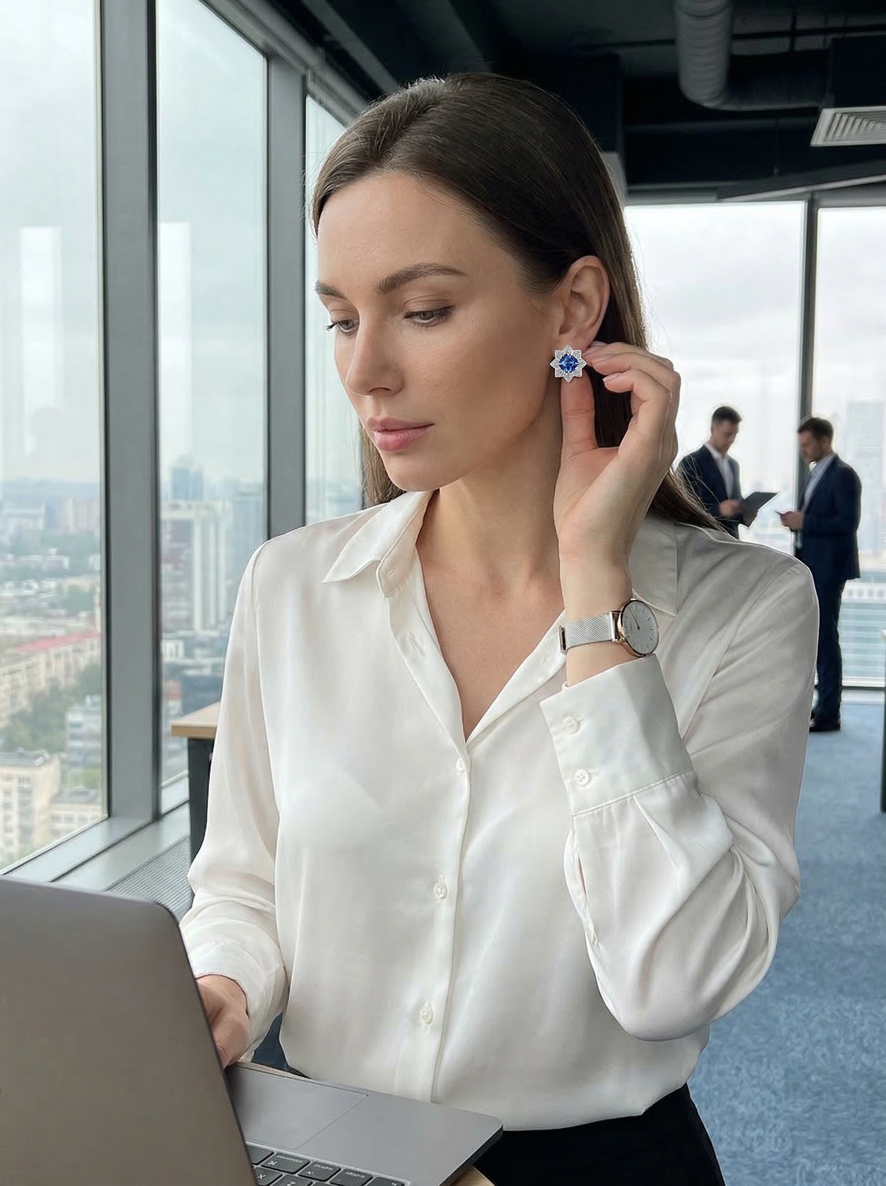 Modern Aesthetic Design Octagonal Star Series Royal Sapphire Natural Brilliant Flower Cluster Earrings 