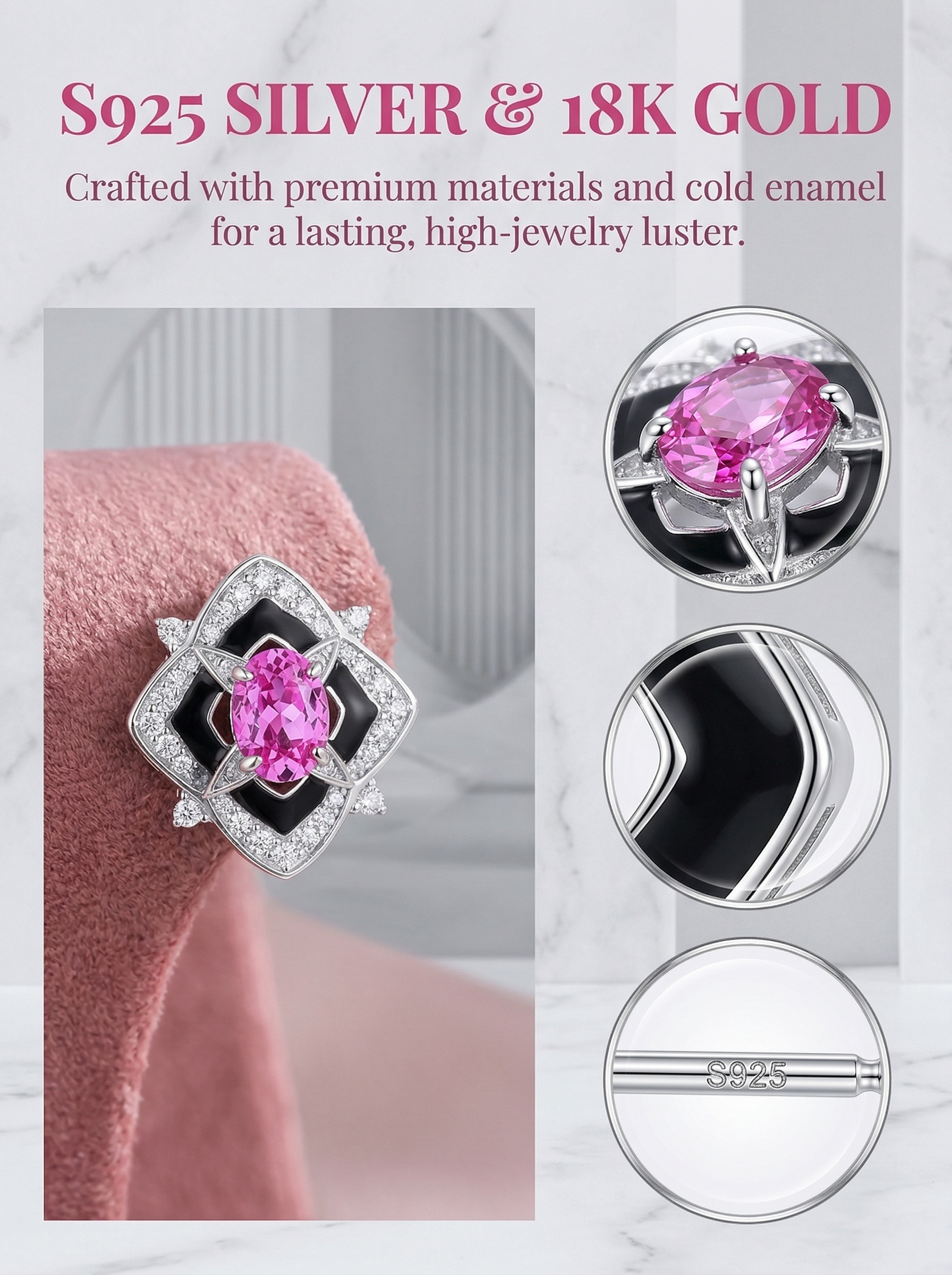 French-style romanticist diamond-embossed Baroque pink diamond enamel earrings 